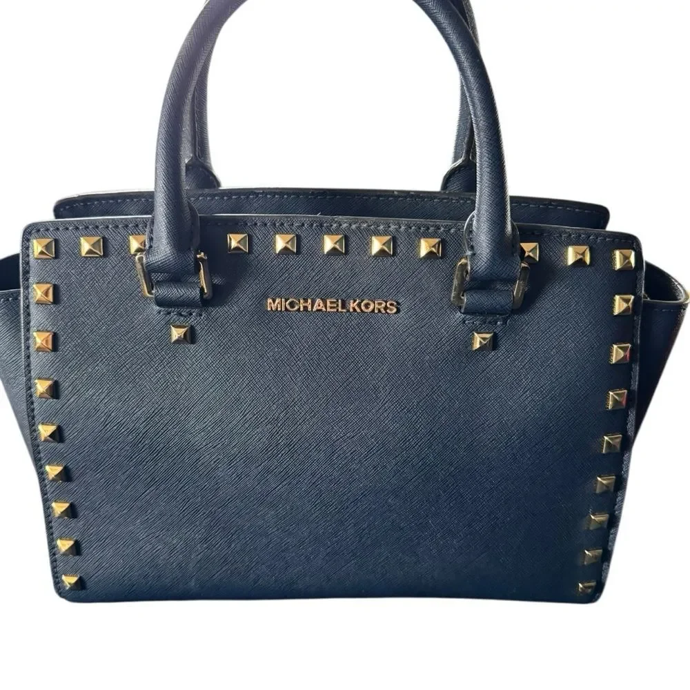 Michael Kors Medium TZ SELMA STUD Satchel Bag NAVY Blue Saffiano Leather